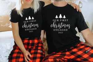 Our First Christmas Engaged Buffalo Plaid Matching Pajamas