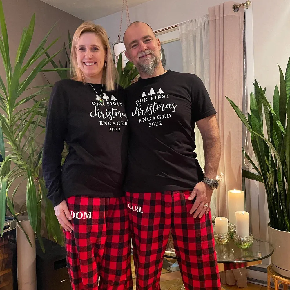 Our First Christmas Engaged Buffalo Plaid Matching Pajamas