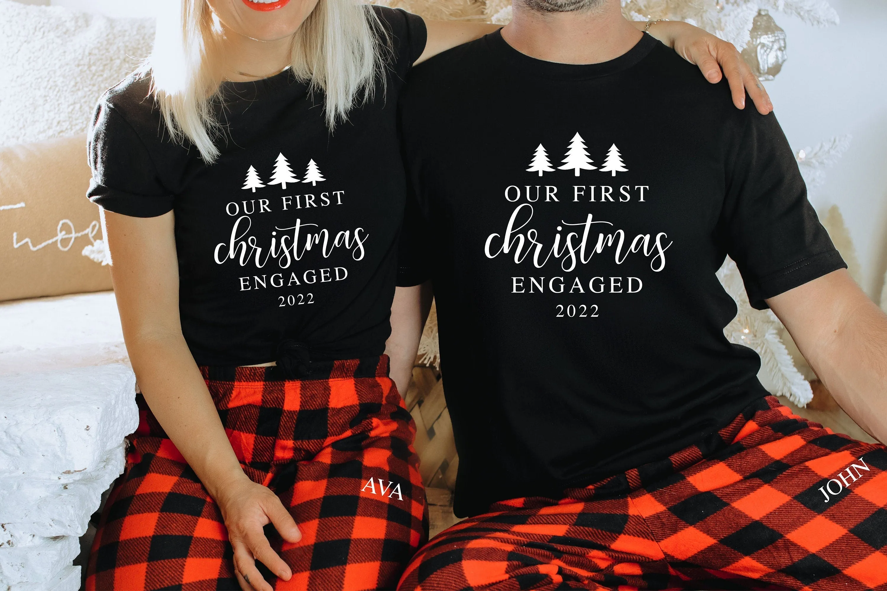 Our First Christmas Engaged Buffalo Plaid Matching Pajamas