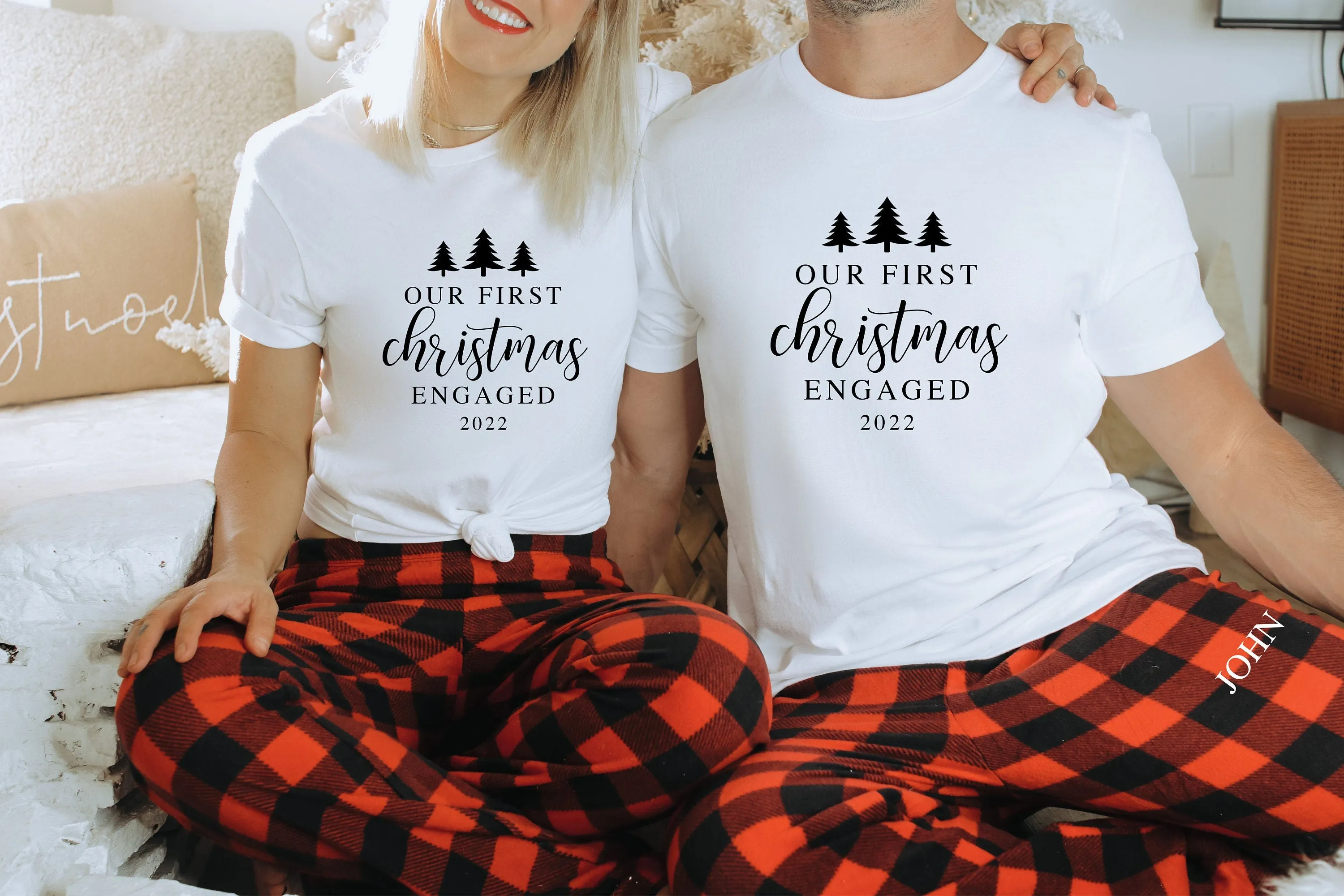 Our First Christmas Engaged Buffalo Plaid Matching Pajamas