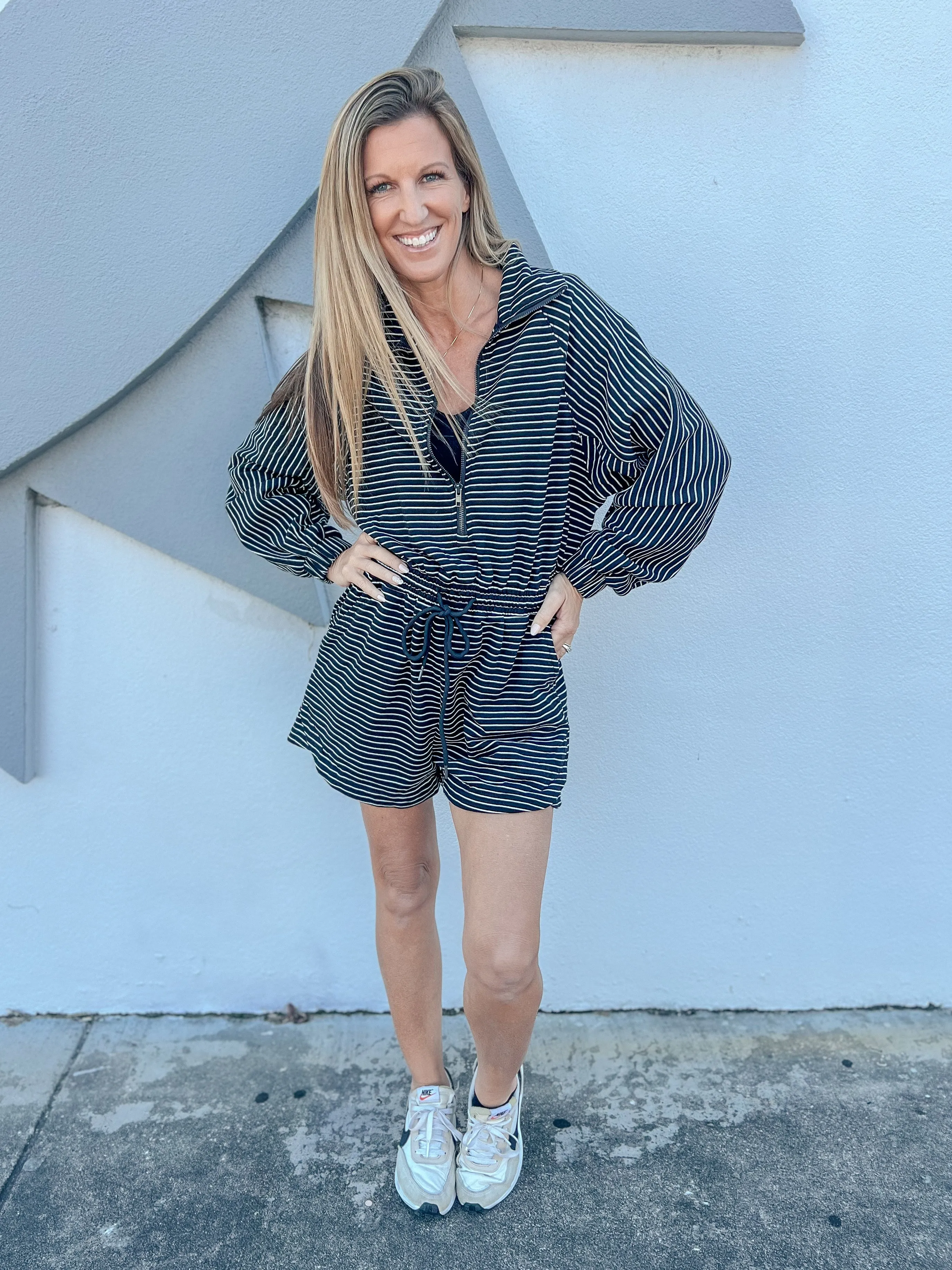 Out And About Stripe Long Sleeve Romper - Black