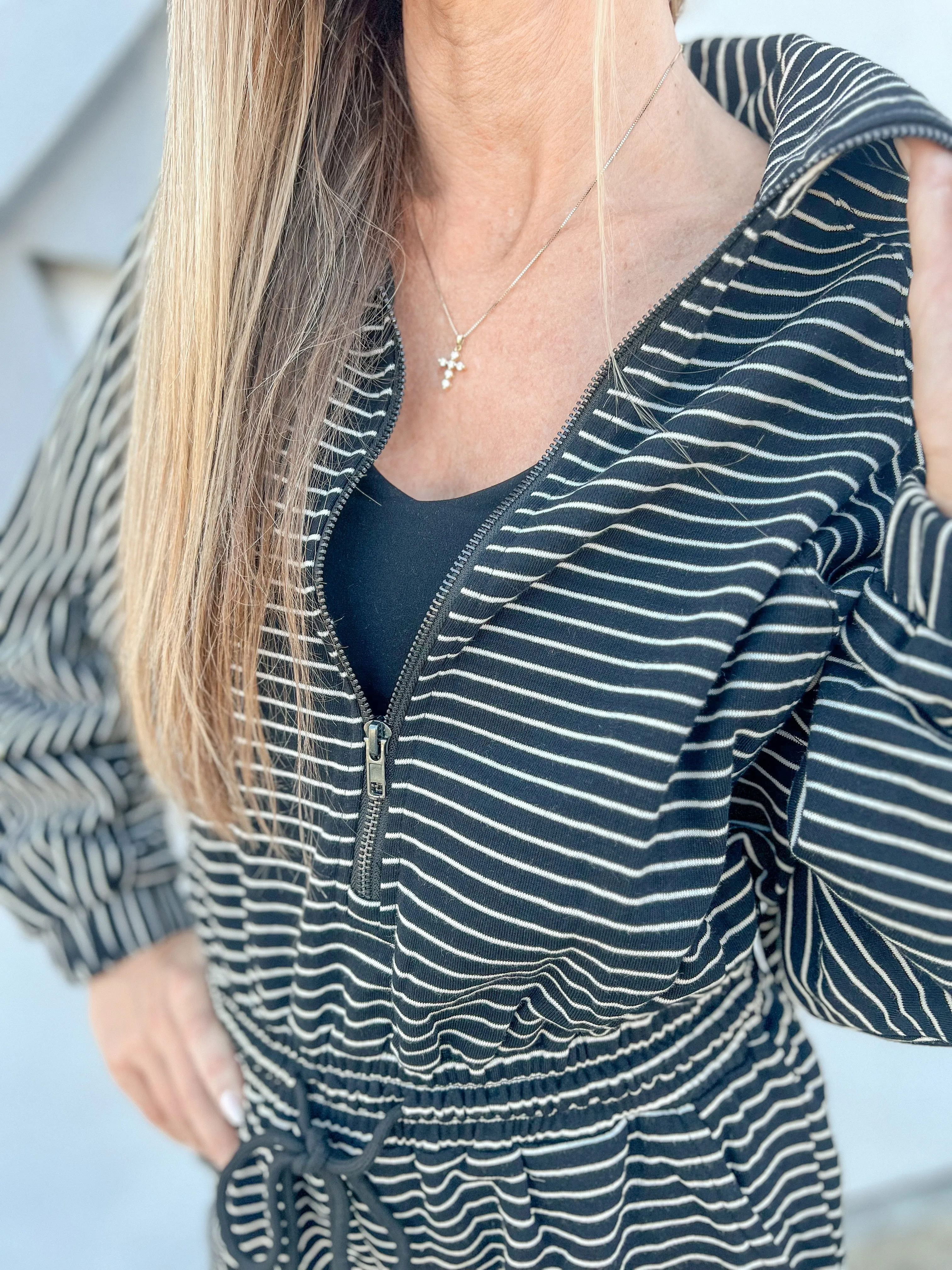 Out And About Stripe Long Sleeve Romper - Black