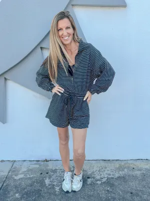 Out And About Stripe Long Sleeve Romper - Black