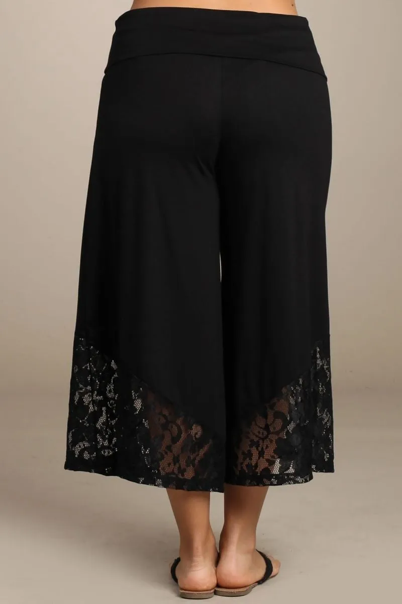Pant Gaucho High Waist Lace Black Capri Wide Leg Bohemian Culottes