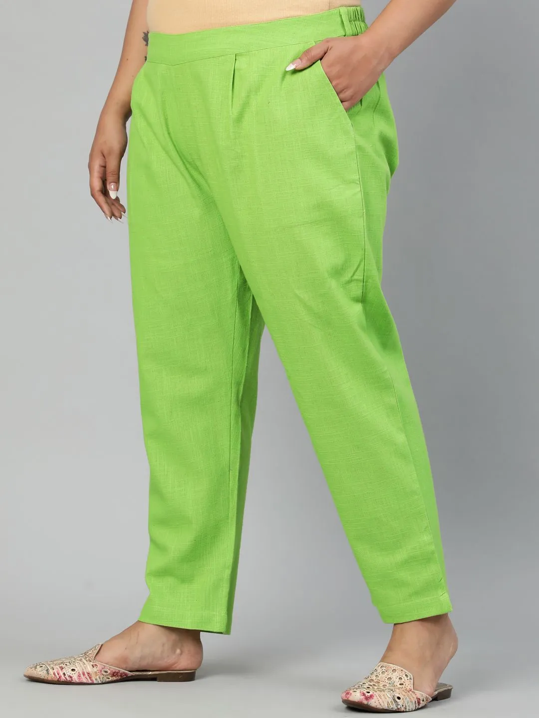 Parrot Green Plus Size Ethnic Wear Cotton Slub Pants