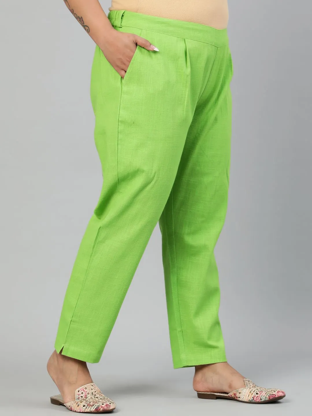 Parrot Green Plus Size Ethnic Wear Cotton Slub Pants