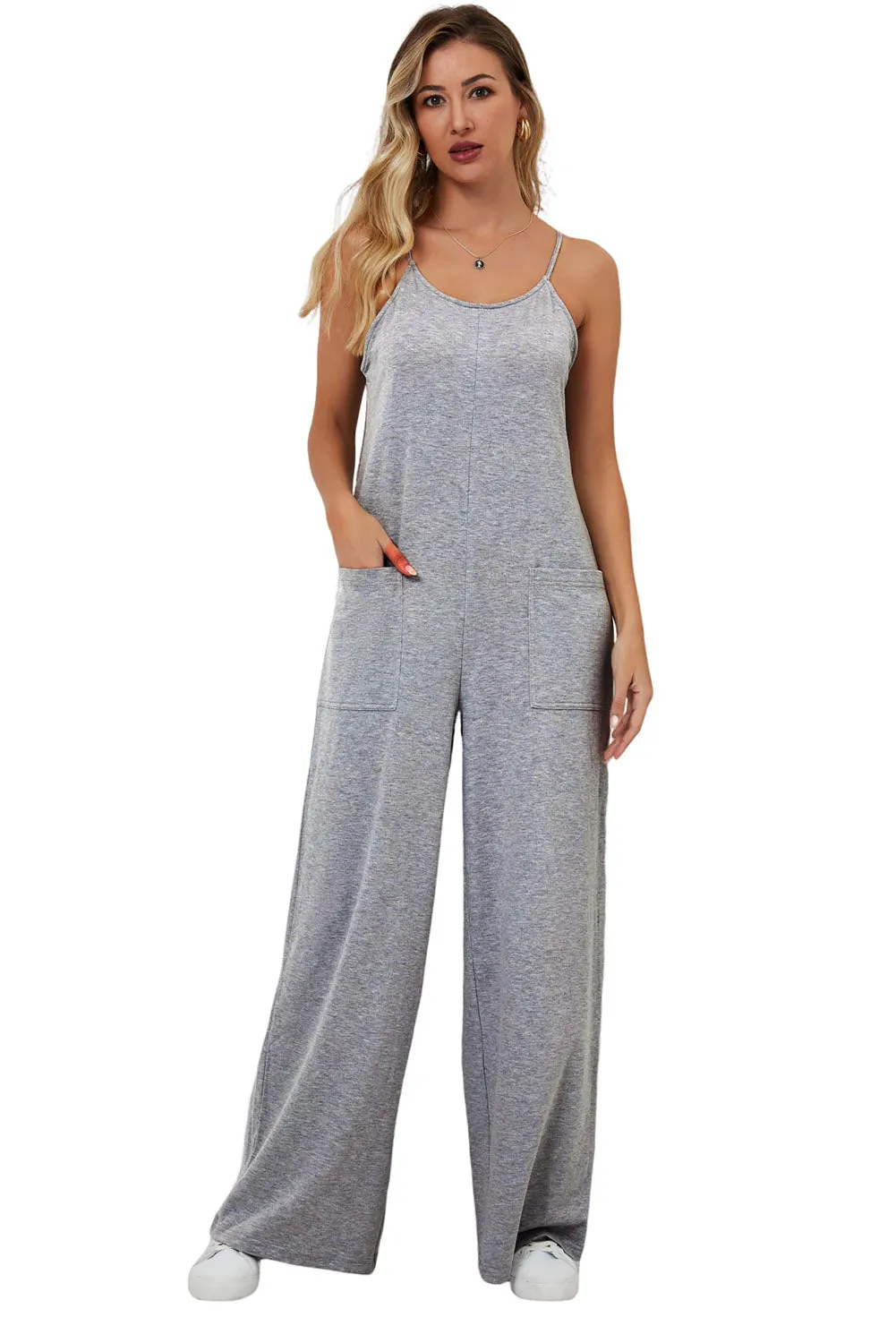Patch Pockets Spaghetti Strap Wide Leg Jumpsuit