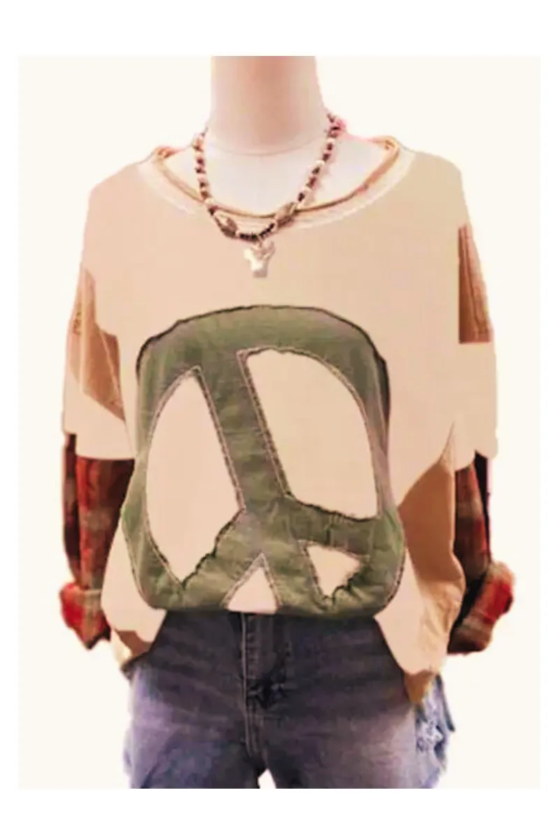 Peace & Plaid Patchwork Sweatshirt