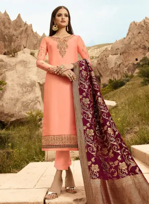 Peach And Maroon Embroidered Pants Suit