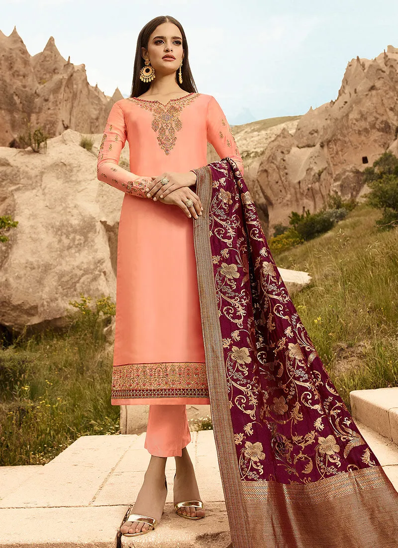 Peach And Maroon Embroidered Pants Suit