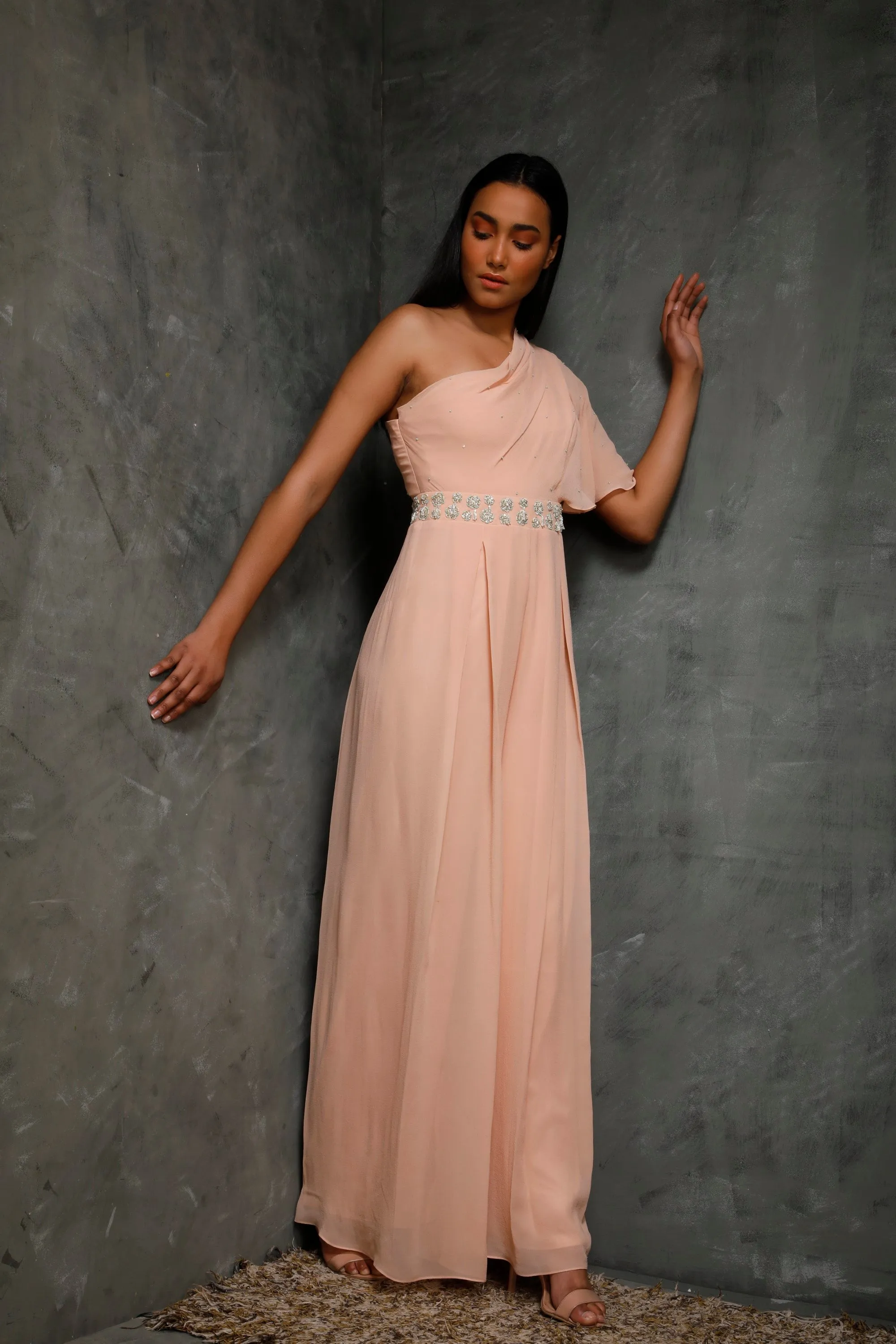 Peach One Shoulder Draped Jumpsuit