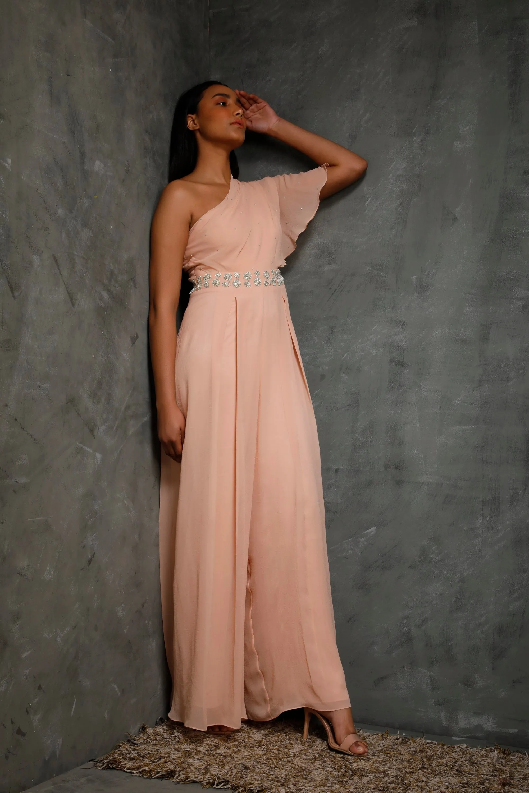 Peach One Shoulder Draped Jumpsuit