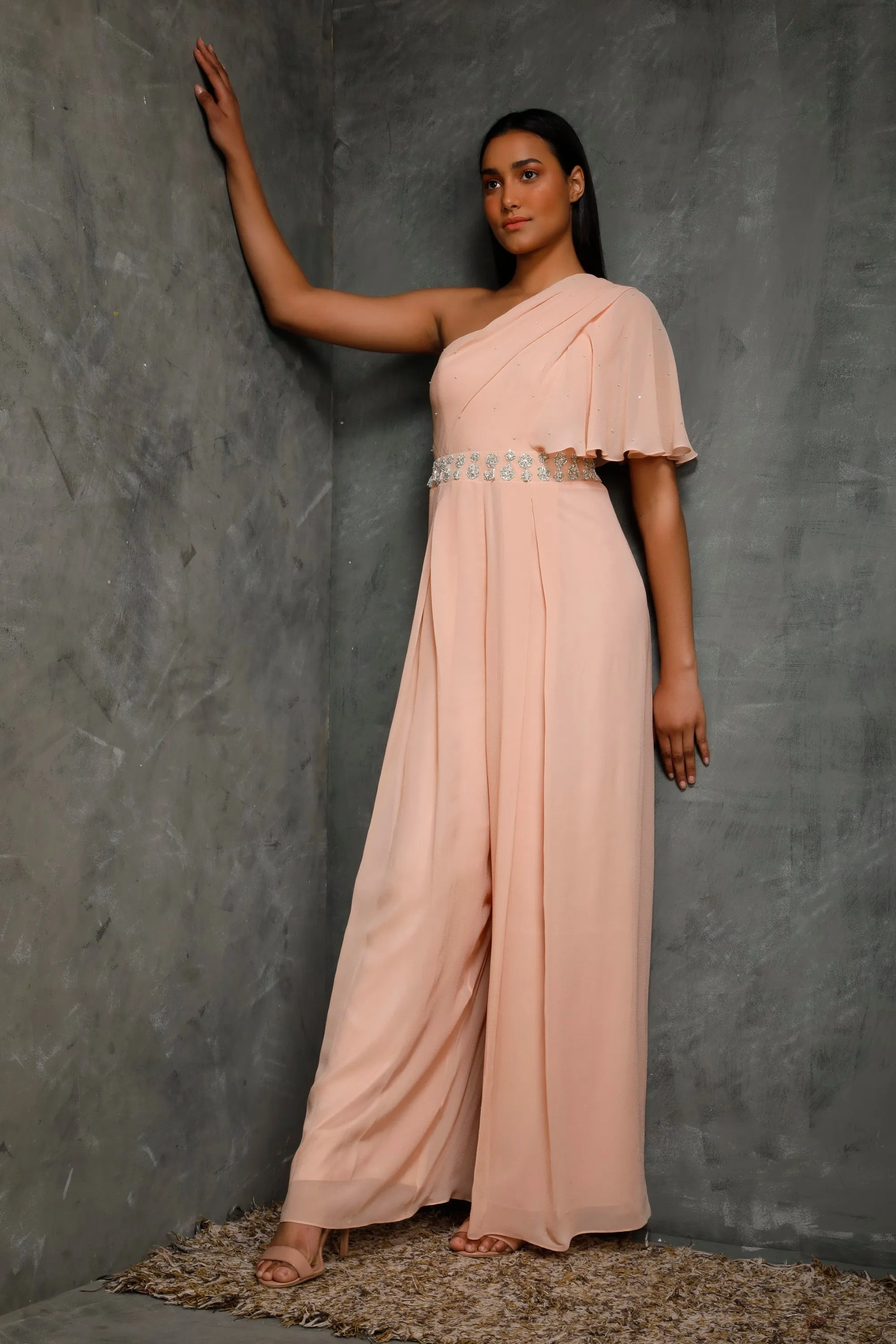 Peach One Shoulder Draped Jumpsuit