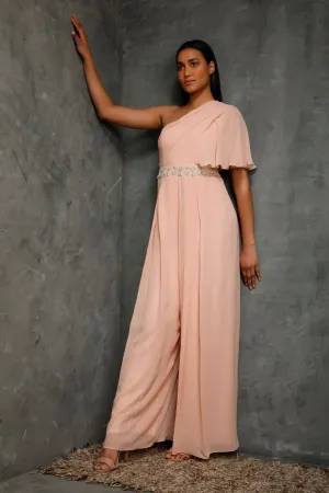 Peach One Shoulder Draped Jumpsuit