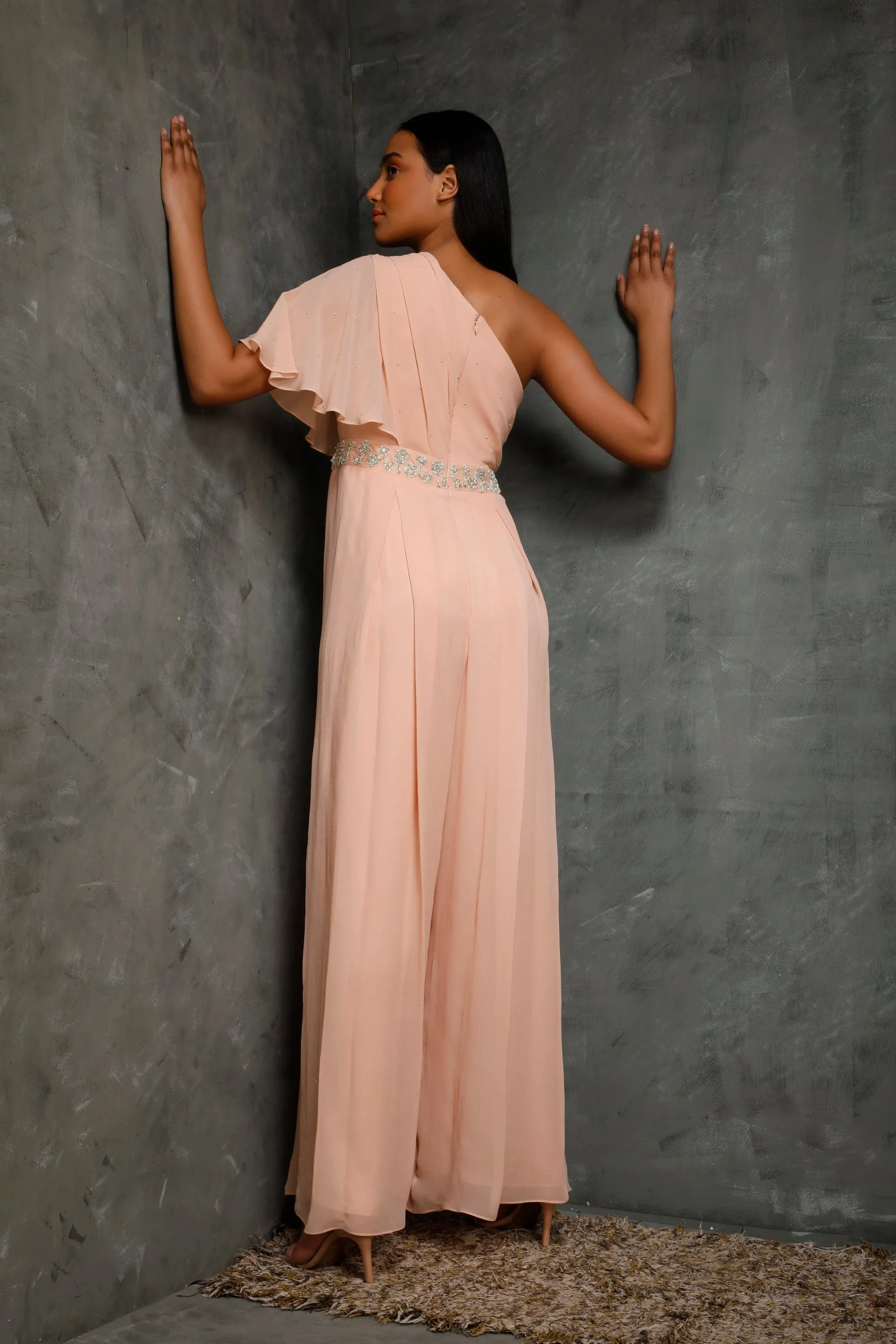 Peach One Shoulder Draped Jumpsuit