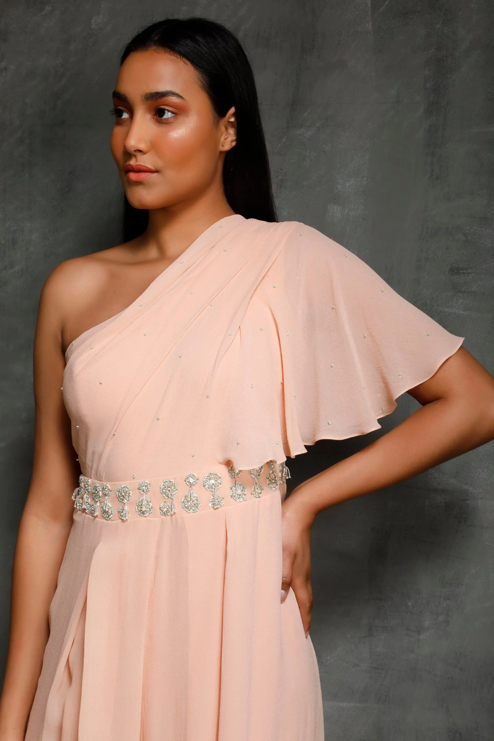 Peach One Shoulder Draped Jumpsuit