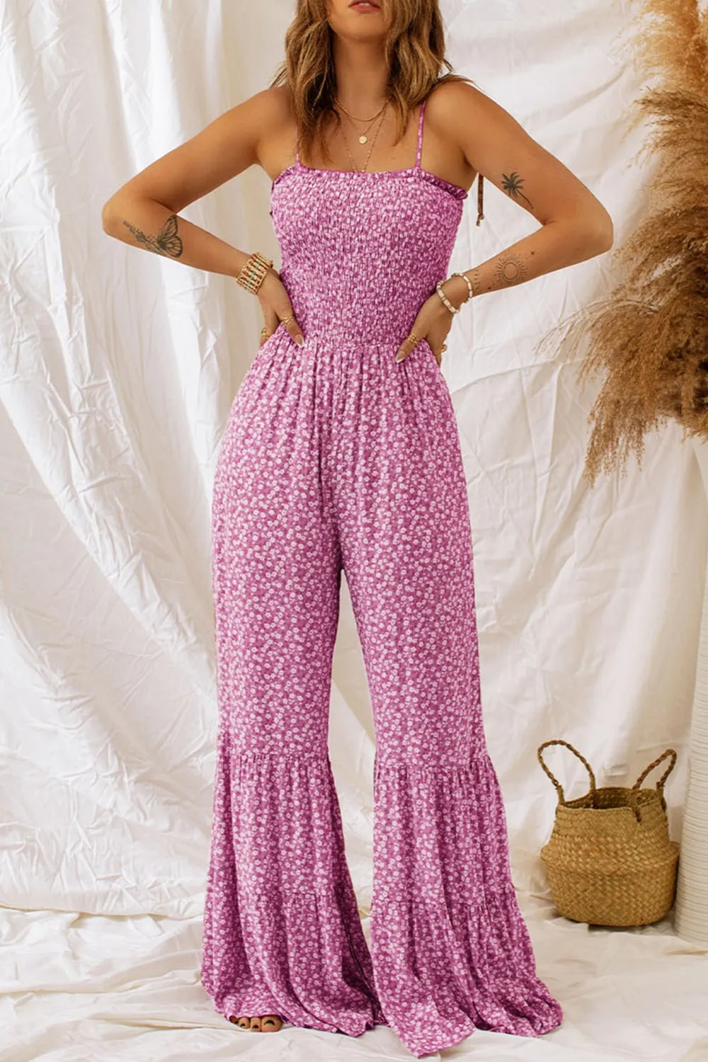 Penelope Smocked Printed Wide Strap Jumpsuit