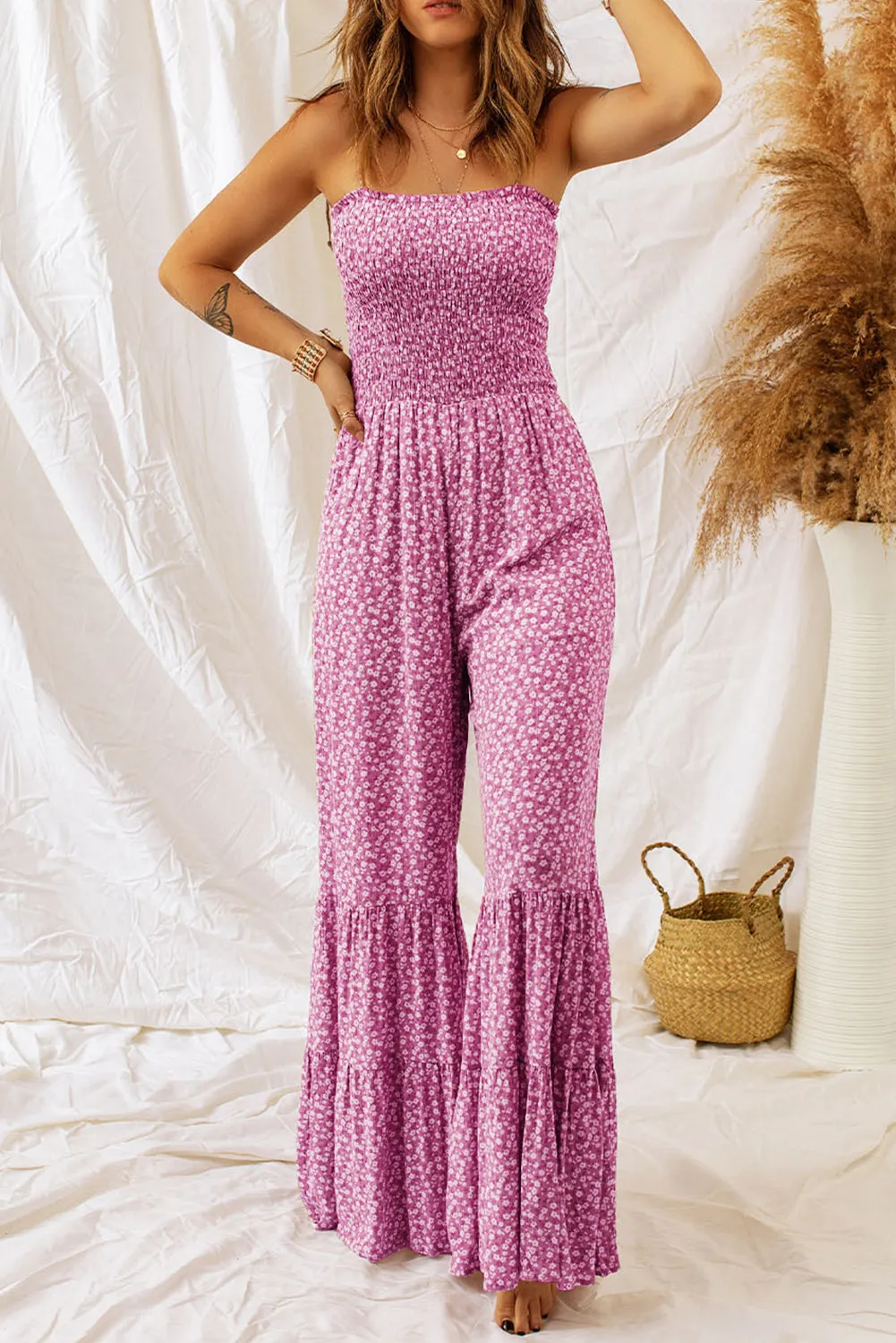 Penelope Smocked Printed Wide Strap Jumpsuit