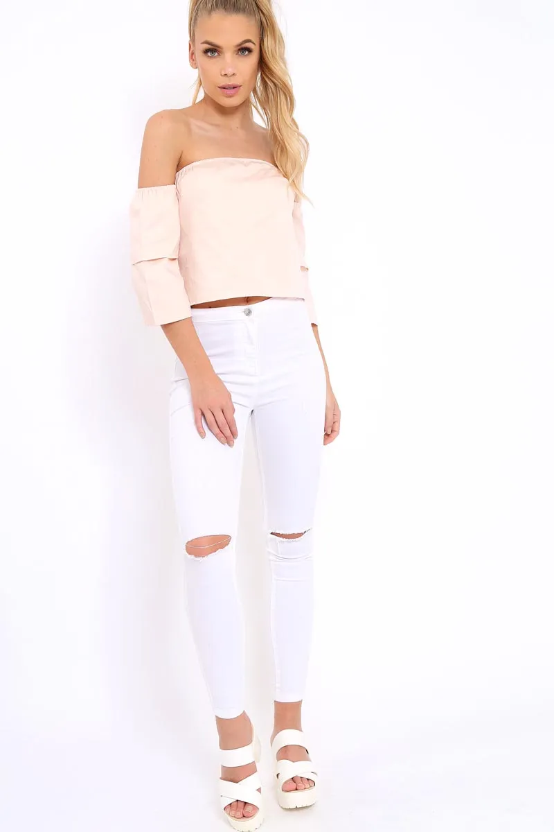 Pink Frill Off Shoulder Tie Crop Top - Halle