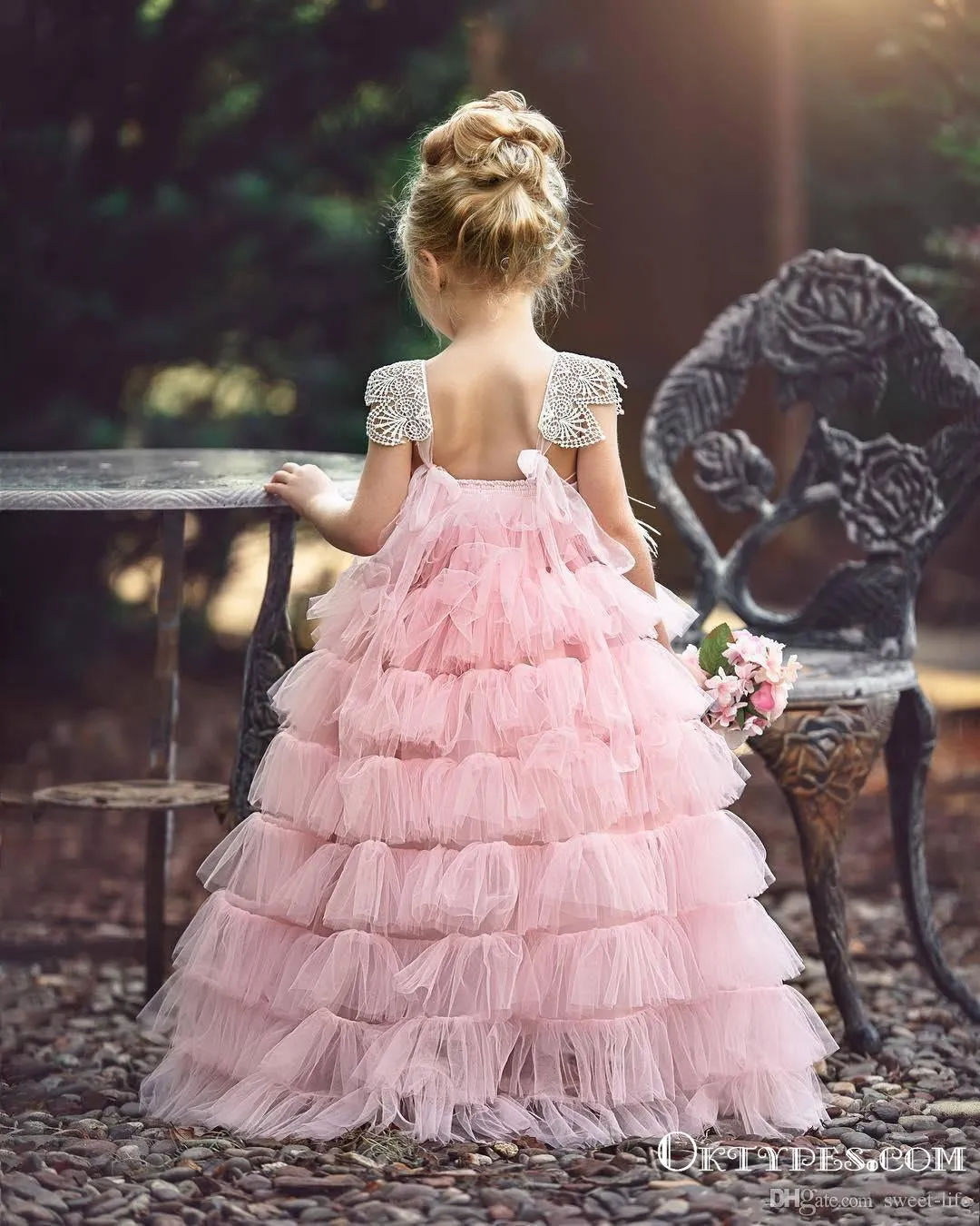 Pink Layers Tulle  2019 Lace Princess Long Ball Gown Flower Girls Dresses, TYP1953