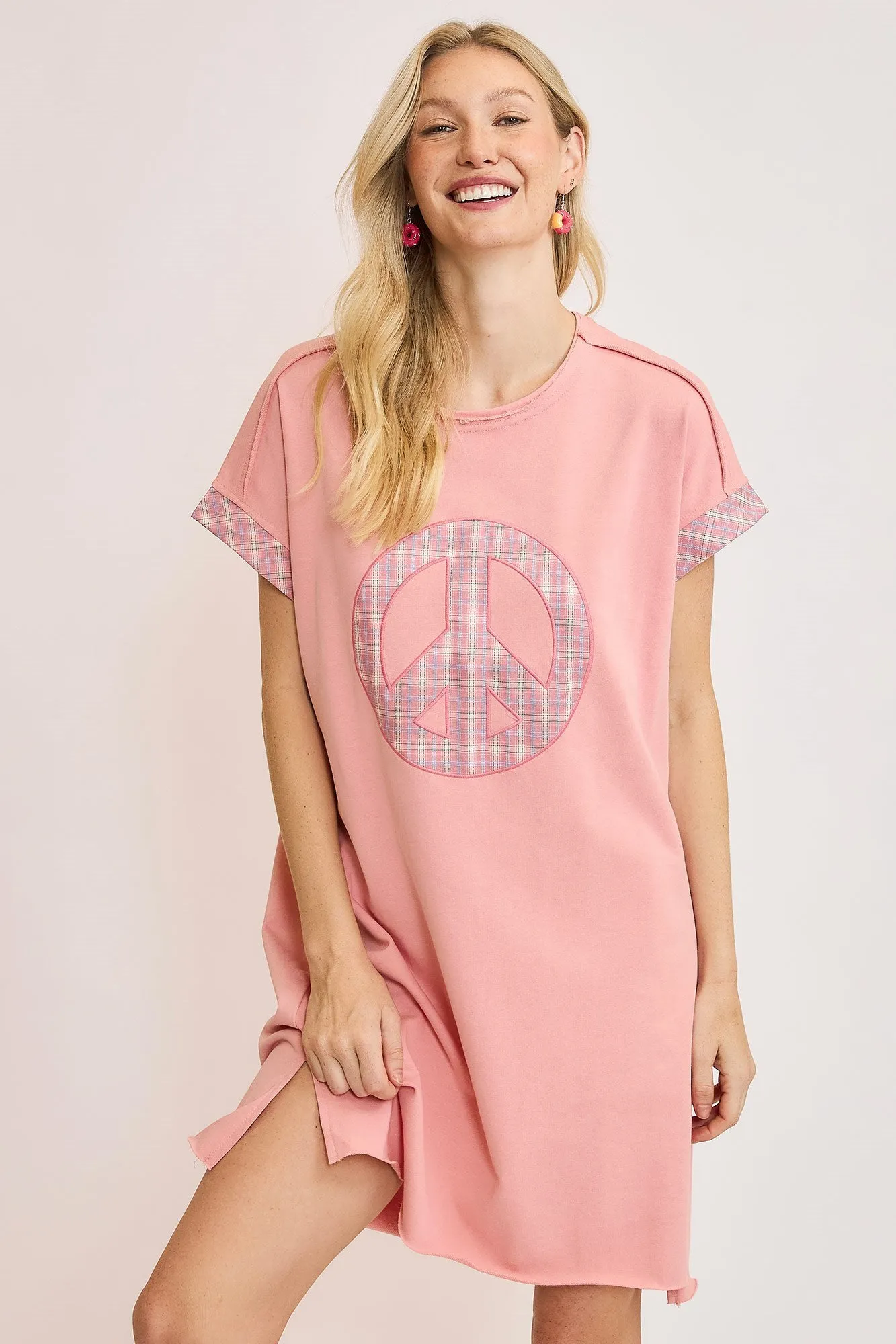 Pink Peace Plaid Applique Short Sleeve Mini Dress