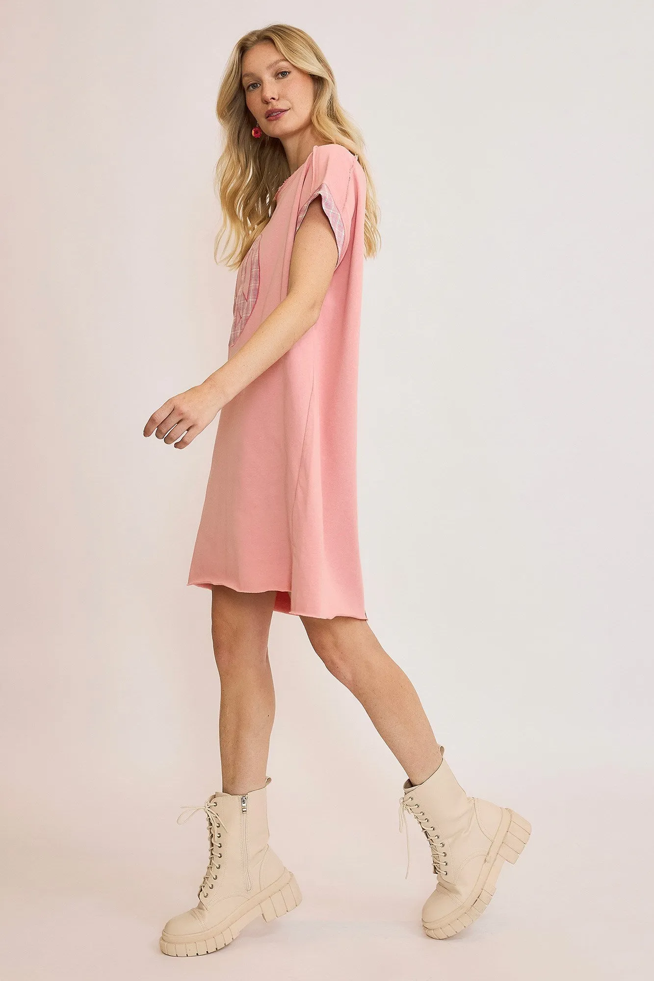 Pink Peace Plaid Applique Short Sleeve Mini Dress