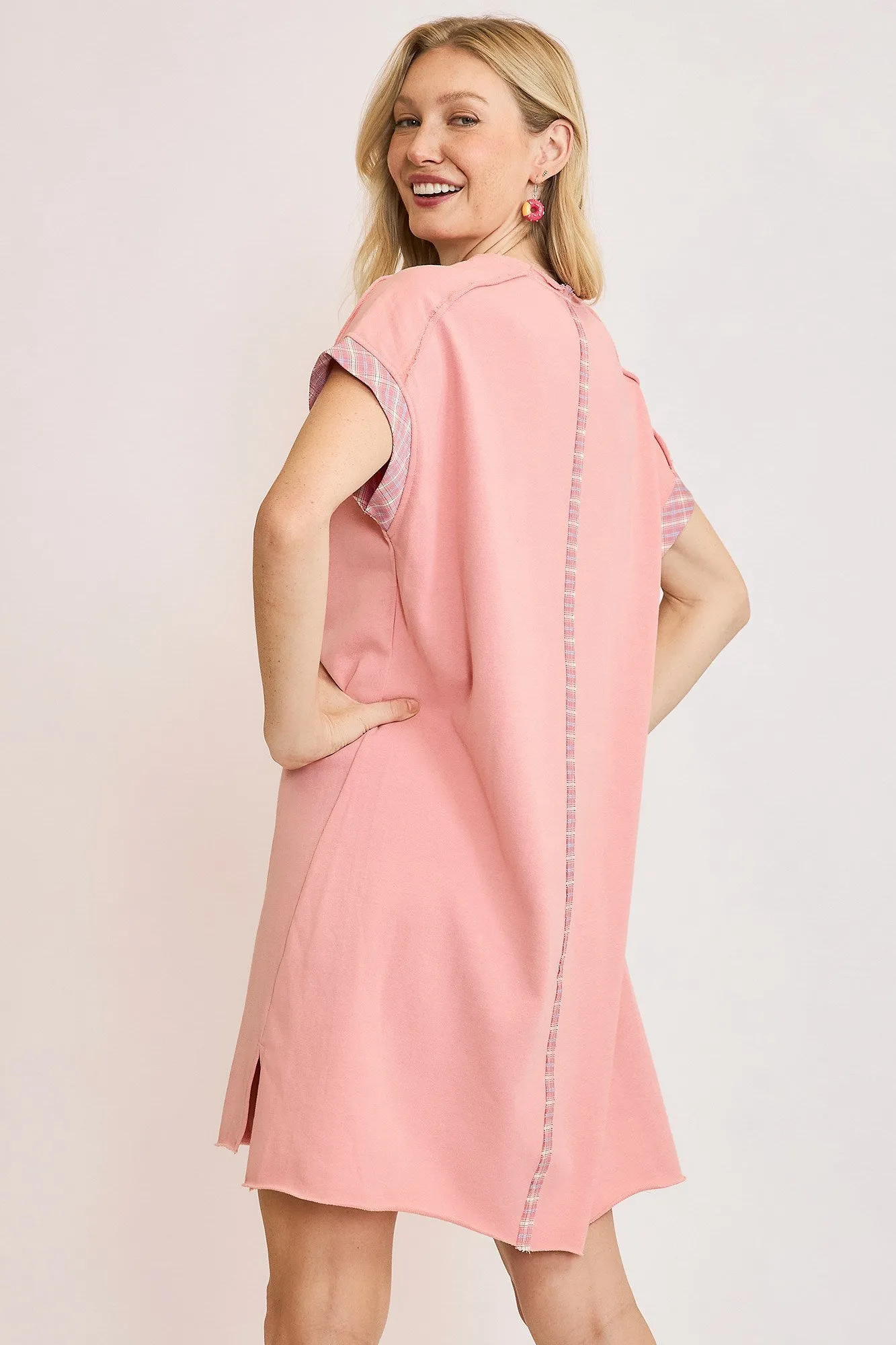 Pink Peace Plaid Applique Short Sleeve Mini Dress