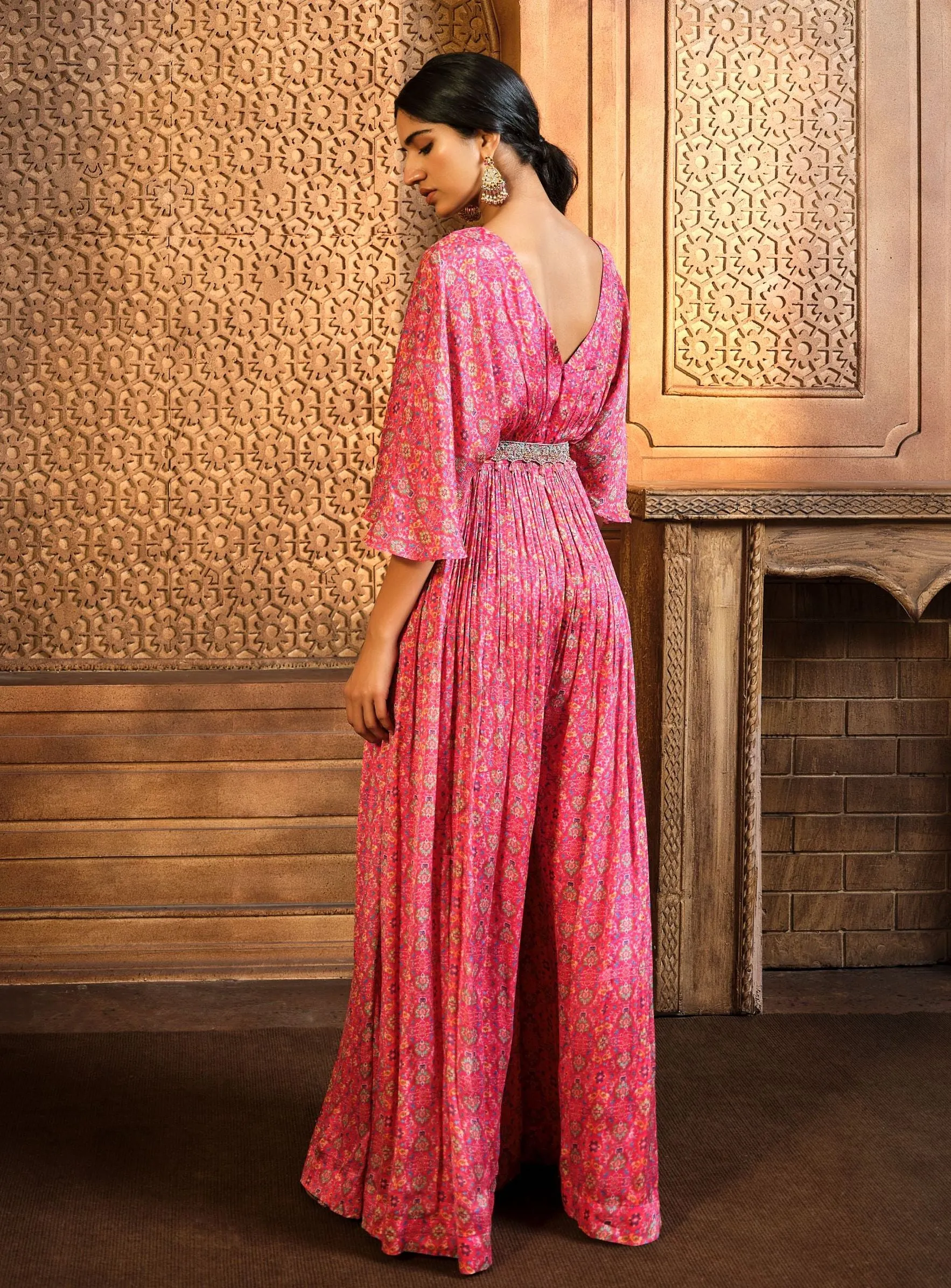 Pink persian printed flared jumpsuit with belt