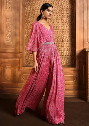 Pink persian printed flared jumpsuit with belt