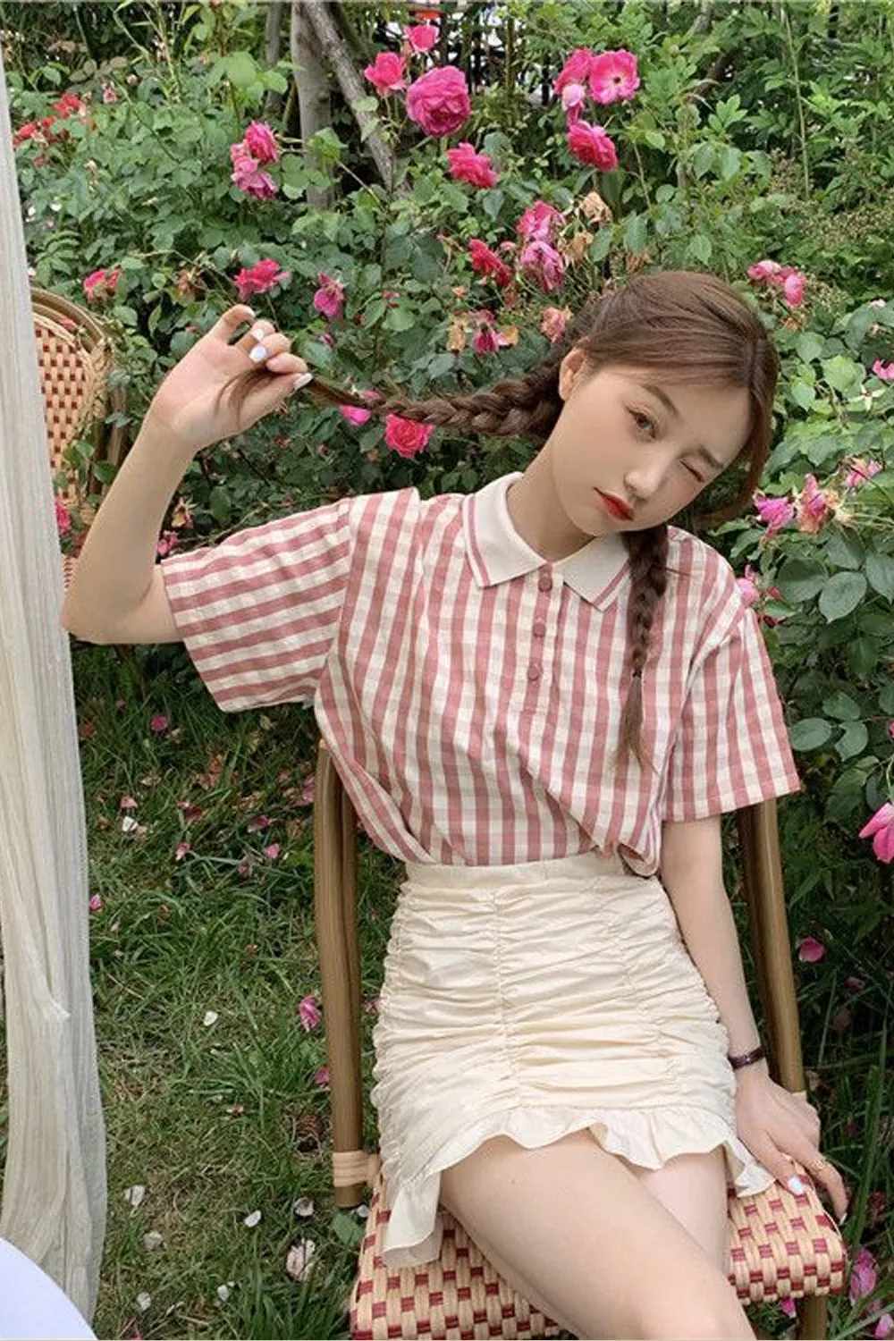 Pink Plaid Turn Down Collar Cute Shirts
