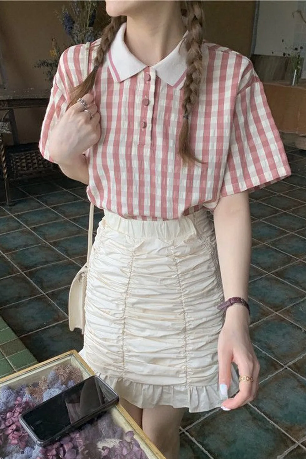 Pink Plaid Turn Down Collar Cute Shirts