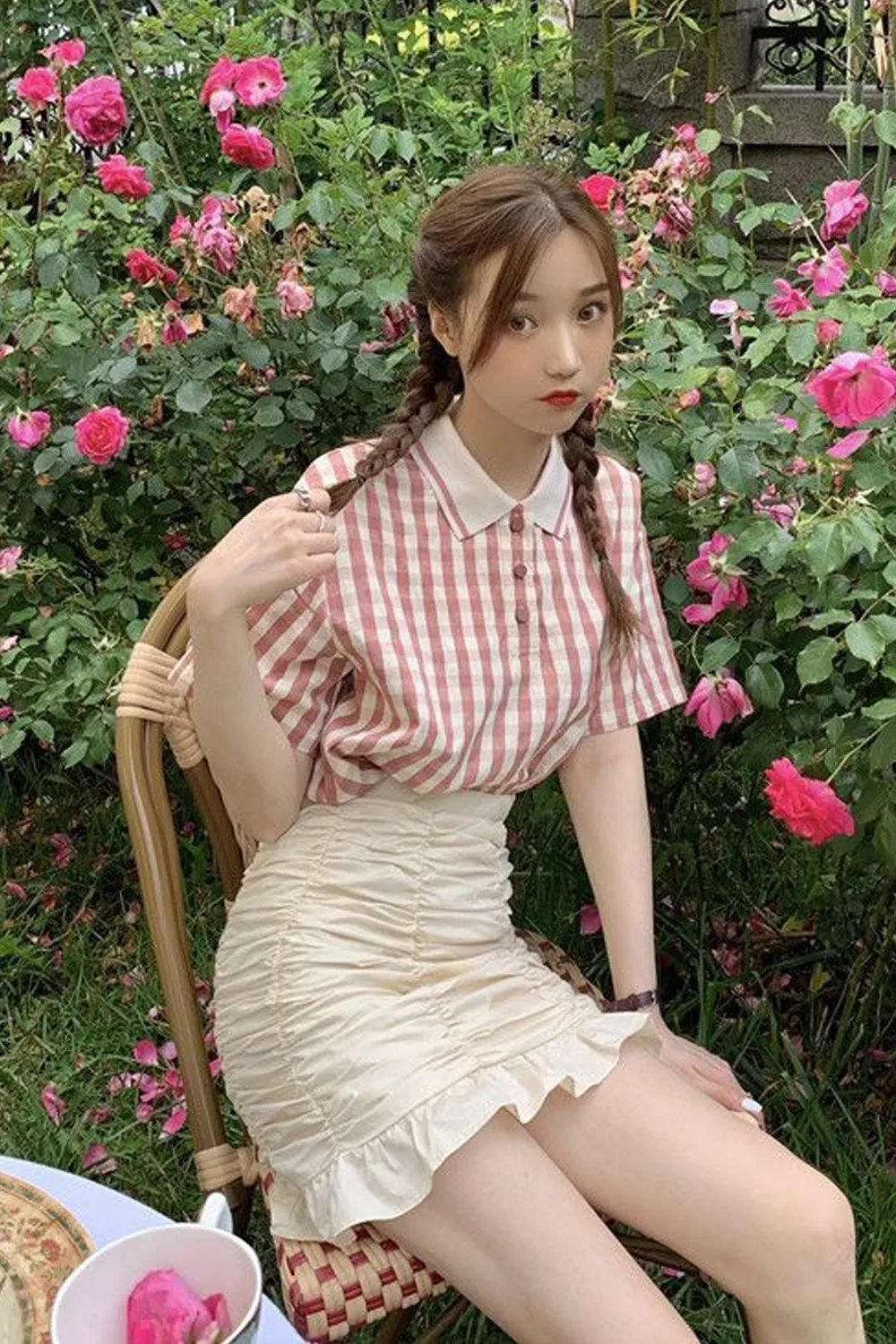 Pink Plaid Turn Down Collar Cute Shirts