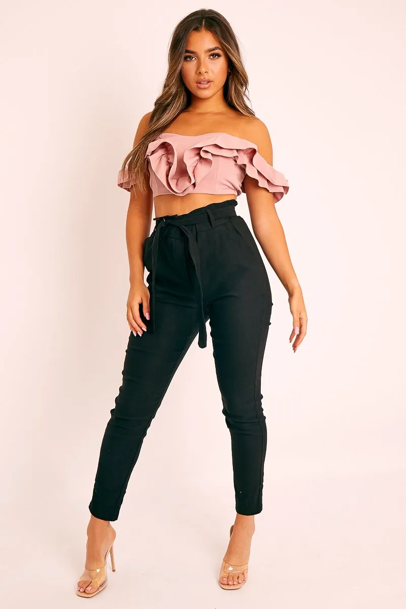 Pink Ruffle Front Bardot Crop Top - Lacie