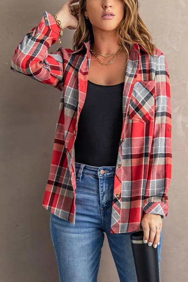Plaid Button Blouse with Pocket