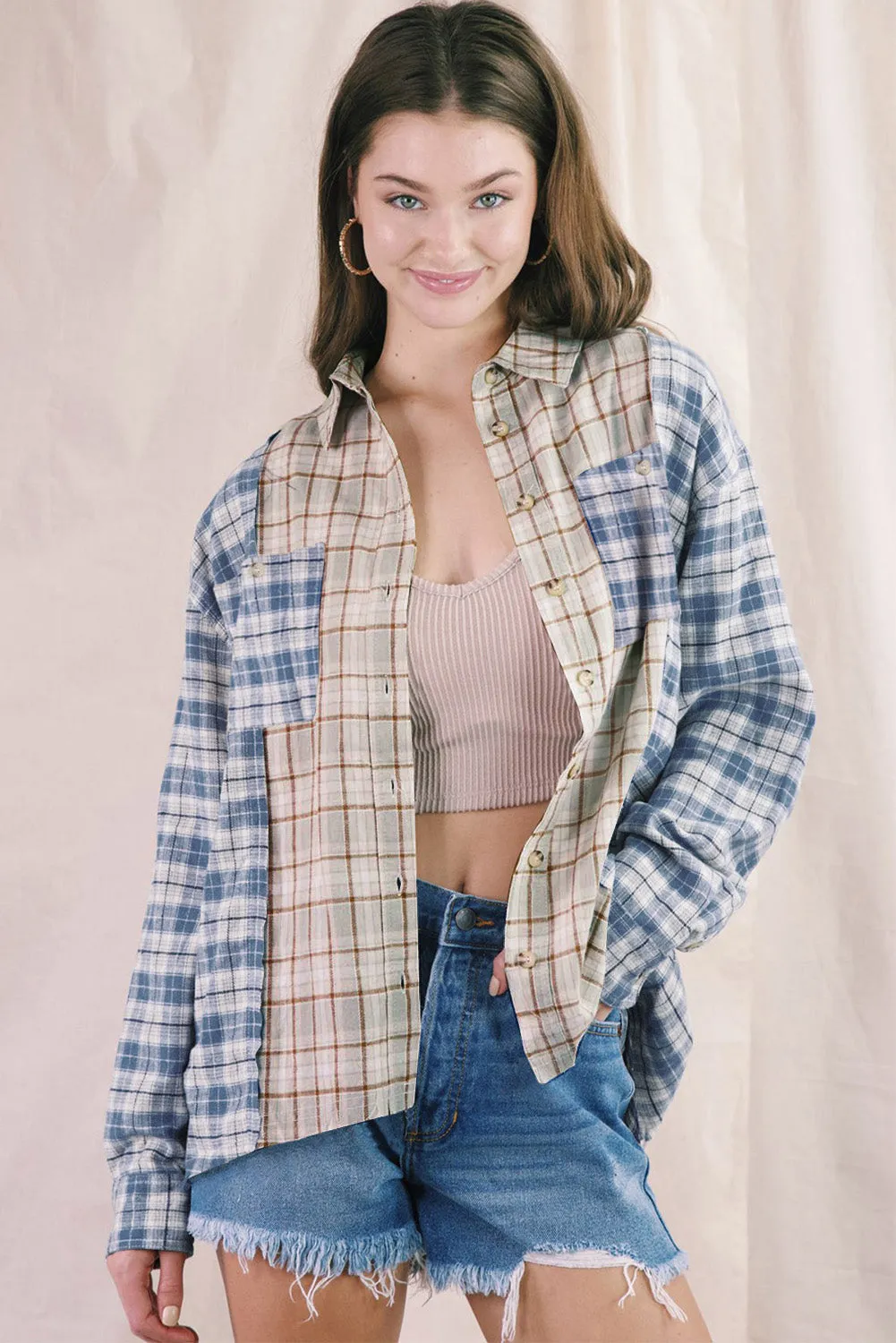 Plaid Color Block Pocket Button-up Long Sleeve Shirt