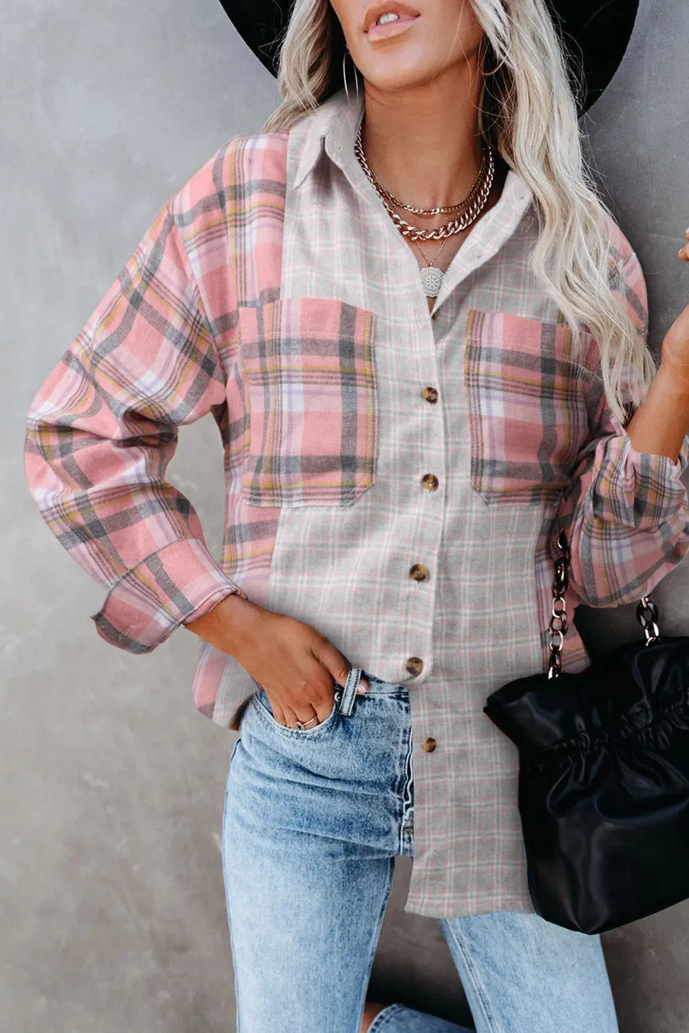 Plaid Color Block Pocket Button-up Long Sleeve Shirt