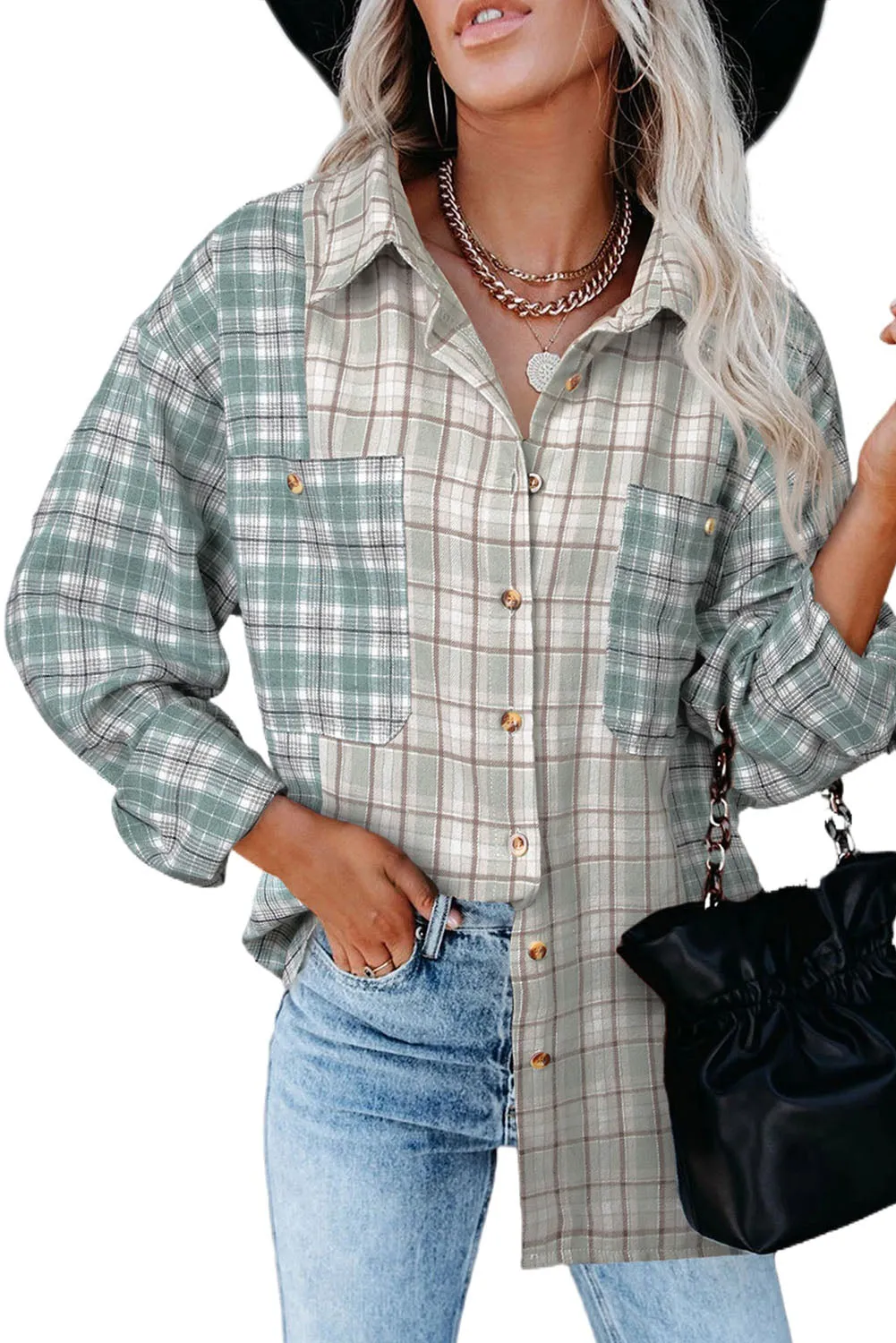 Plaid Color Block Pocket Button-up Long Sleeve Shirt