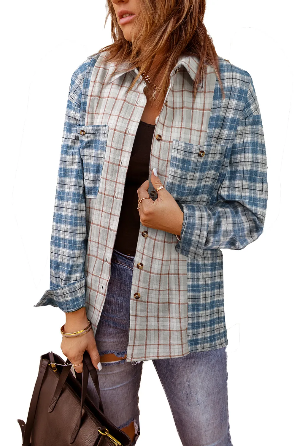 Plaid Color Block Pocket Button-up Long Sleeve Shirt