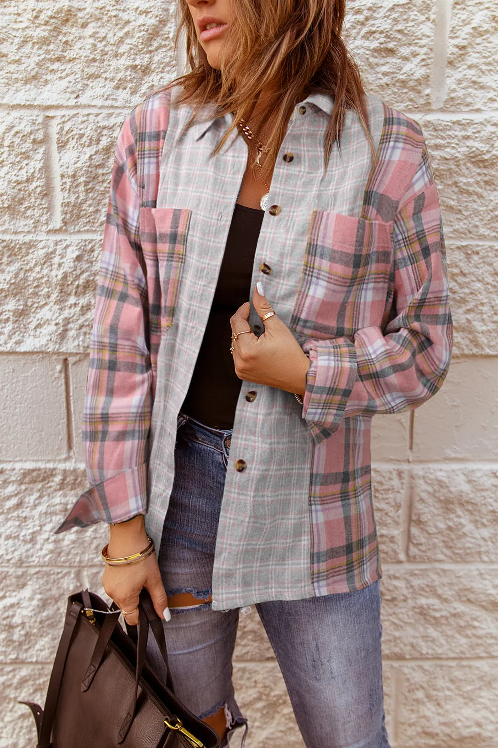 Plaid Color Block Pocket Button-up Long Sleeve Shirt
