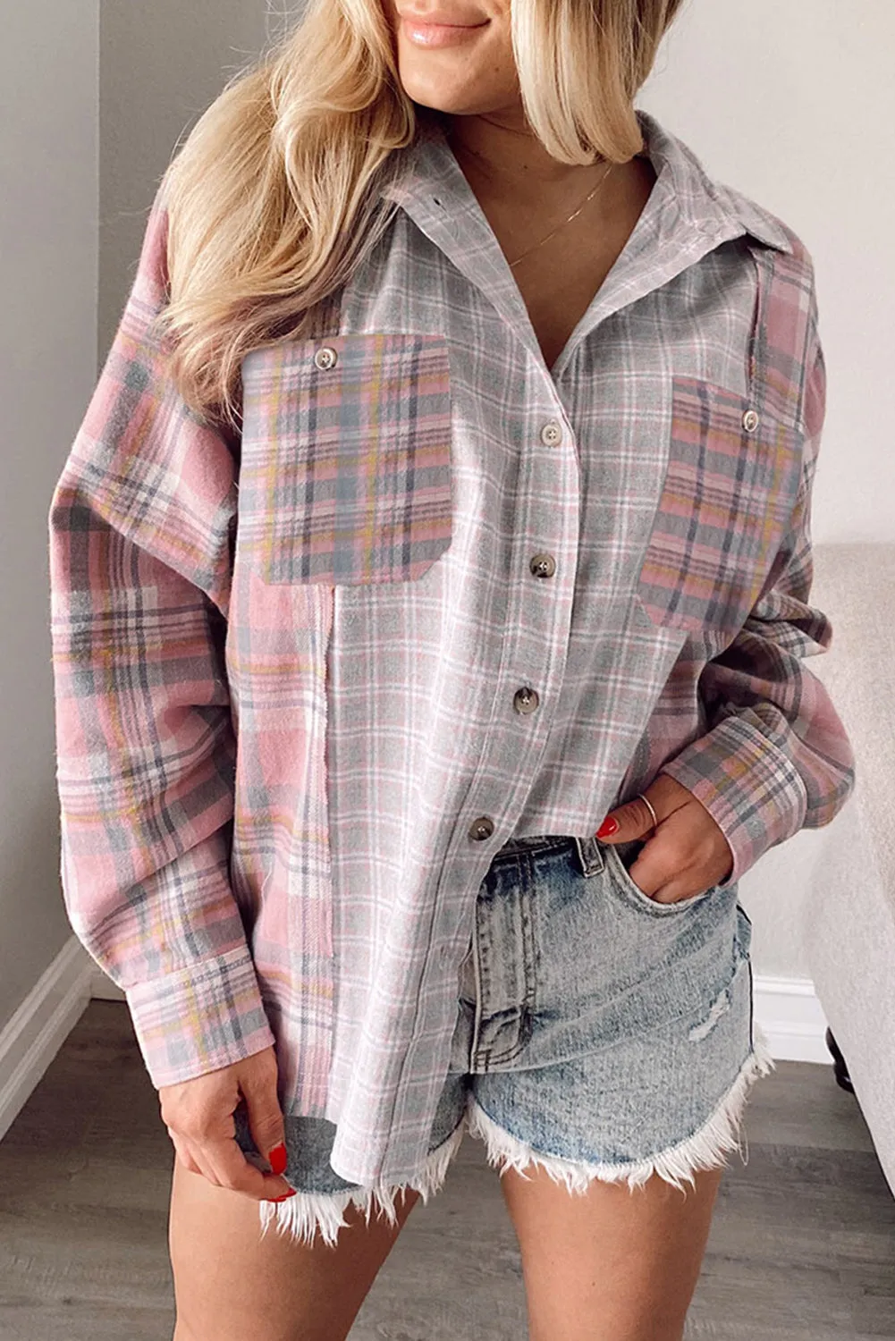 Plaid Color Block Pocket Button-up Long Sleeve Shirt