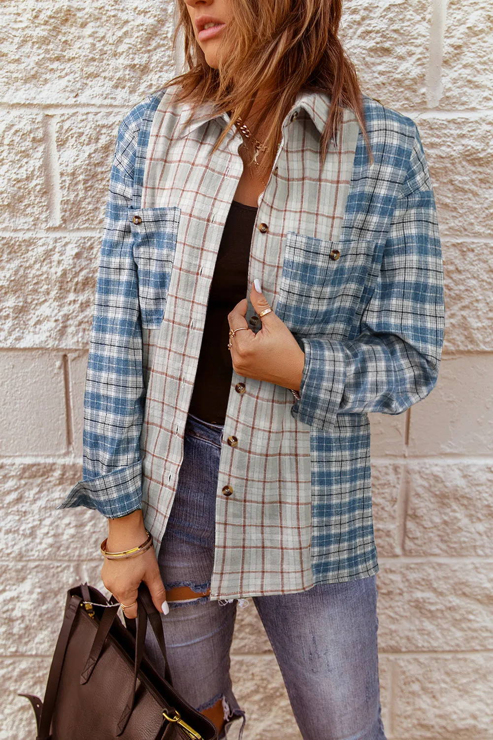 Plaid Color Block Pocket Button-up Long Sleeve Shirt