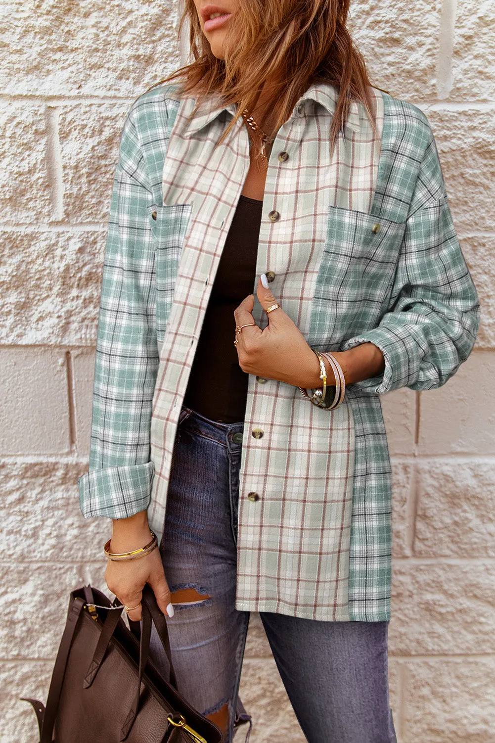 Plaid Color Block Pocket Button-up Long Sleeve Shirt