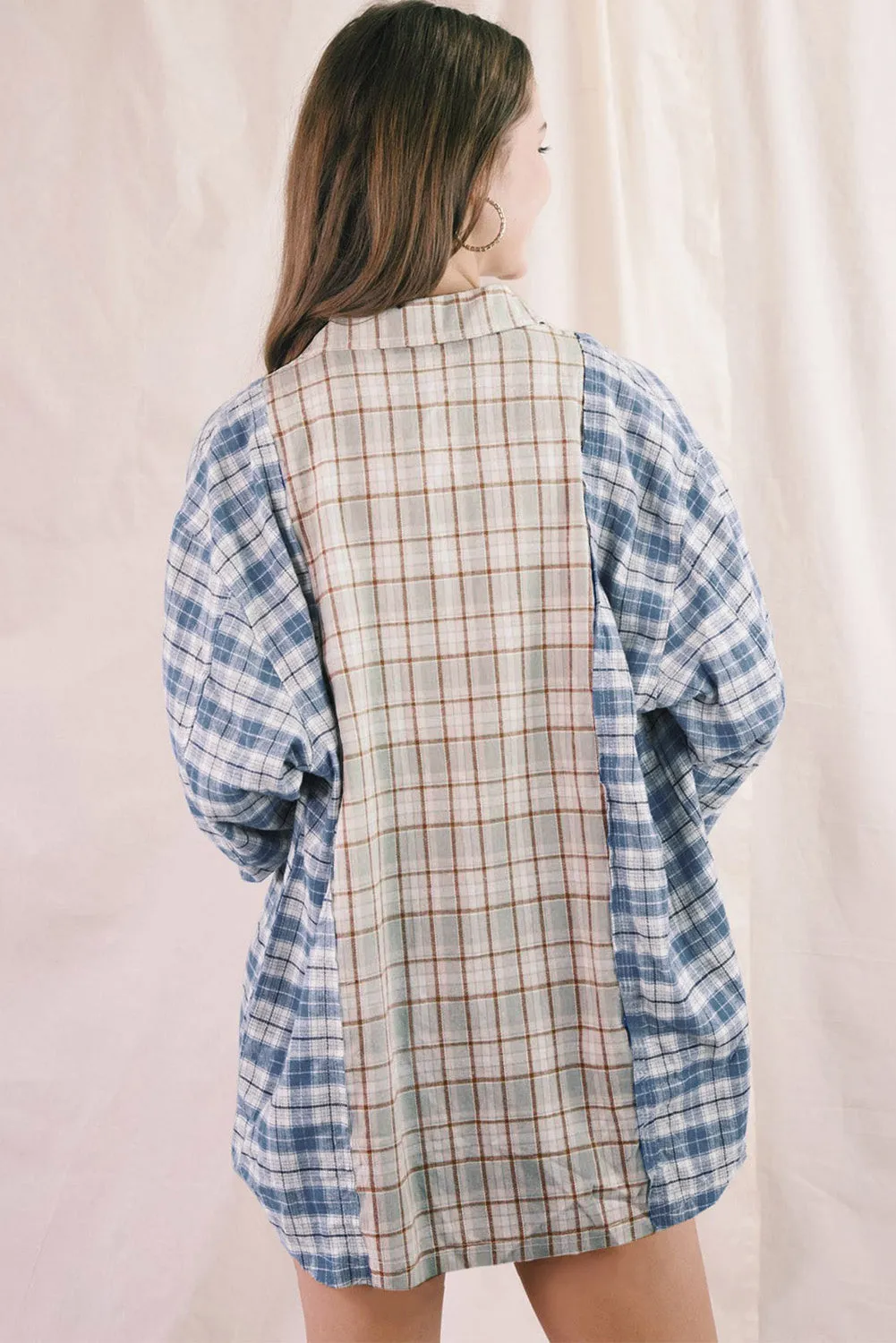 Plaid Color Block Pocket Button-up Long Sleeve Shirt