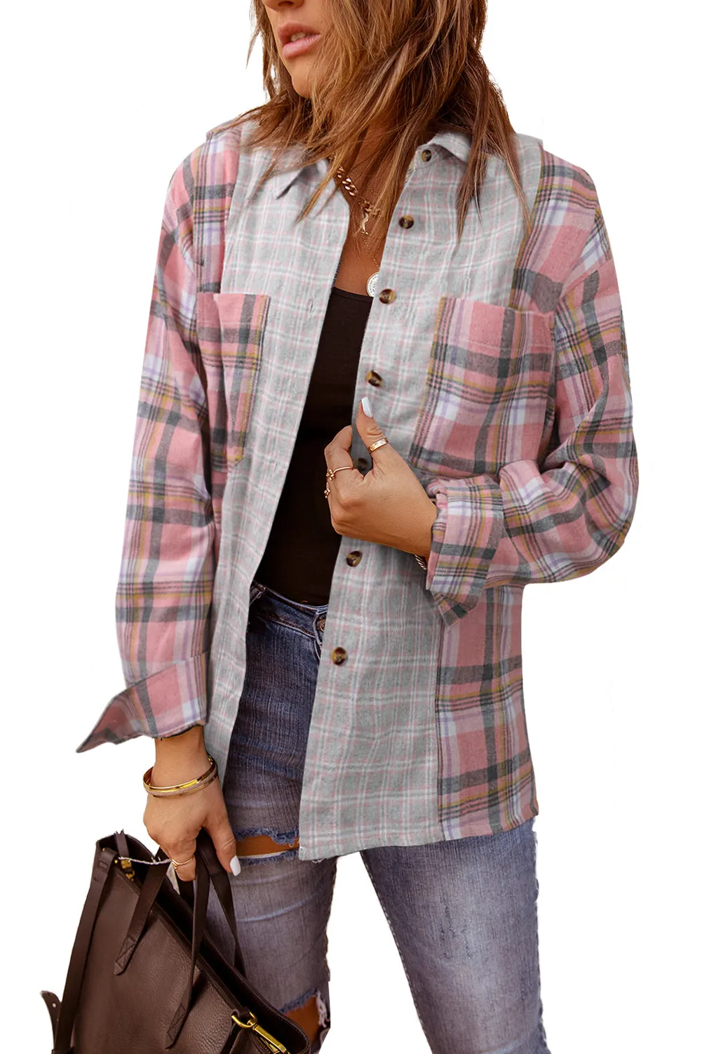 Plaid Color Block Pocket Button-up Long Sleeve Shirt
