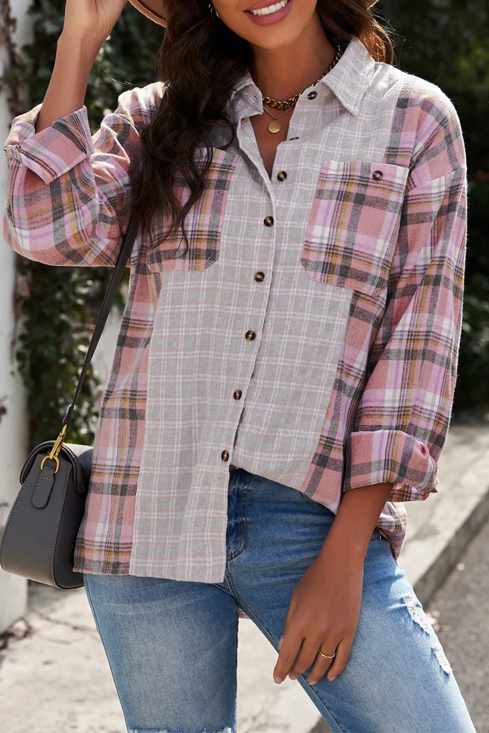 Plaid Color Block Pocket Button-up Long Sleeve Shirt