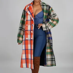 Plaid Colorblock Button Design Trench Coat