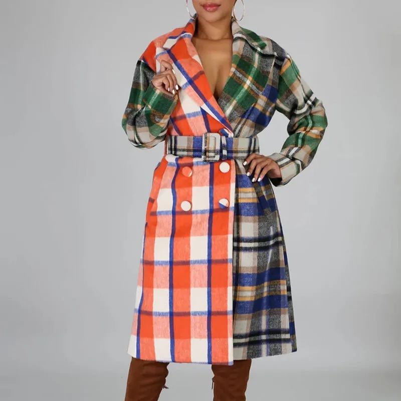 Plaid Colorblock Button Design Trench Coat