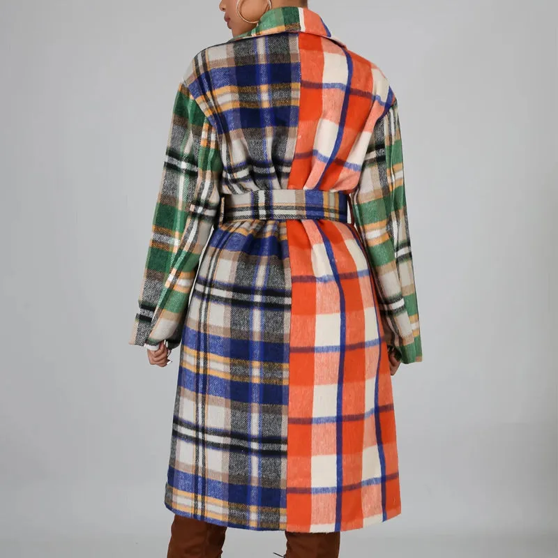 Plaid Colorblock Button Design Trench Coat