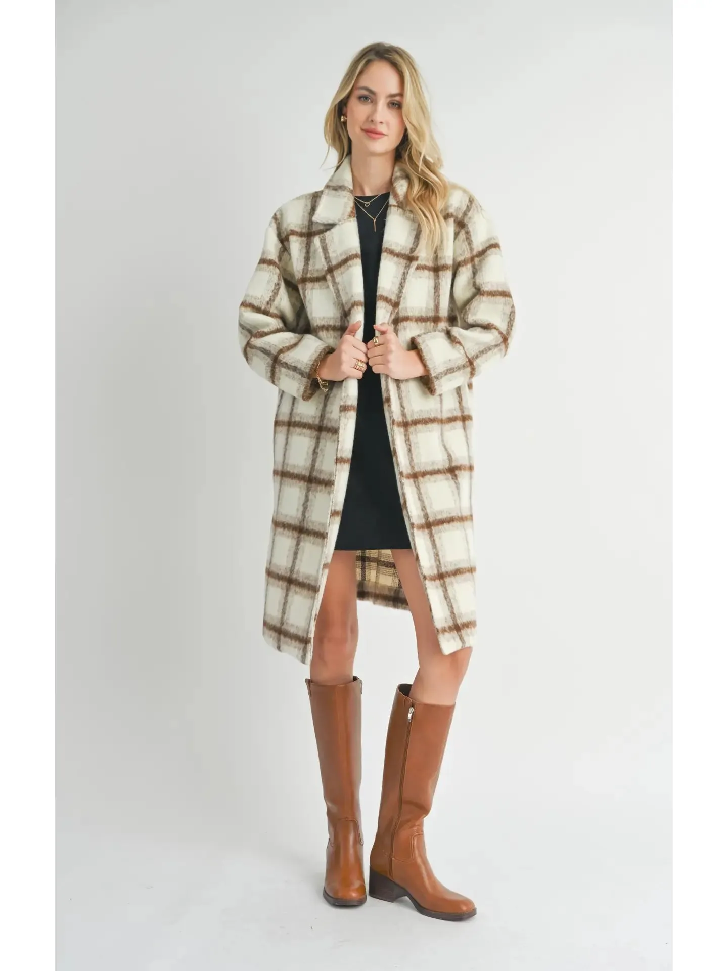 Plaid Long Open Front Coat {Ivory}