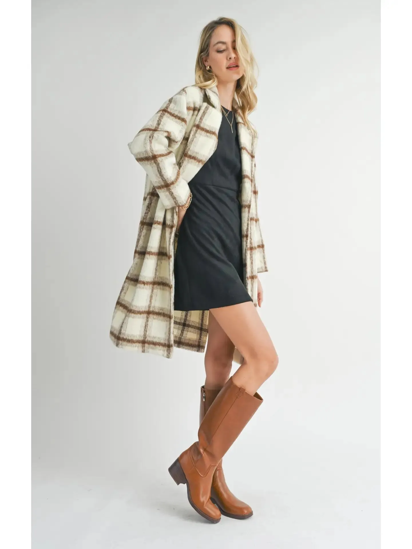 Plaid Long Open Front Coat {Ivory}
